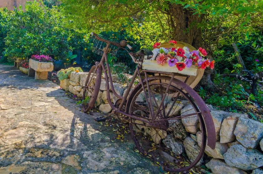 Un carro de madera lleno de flores está junto a un sendero de piedra en un jardín frondoso.