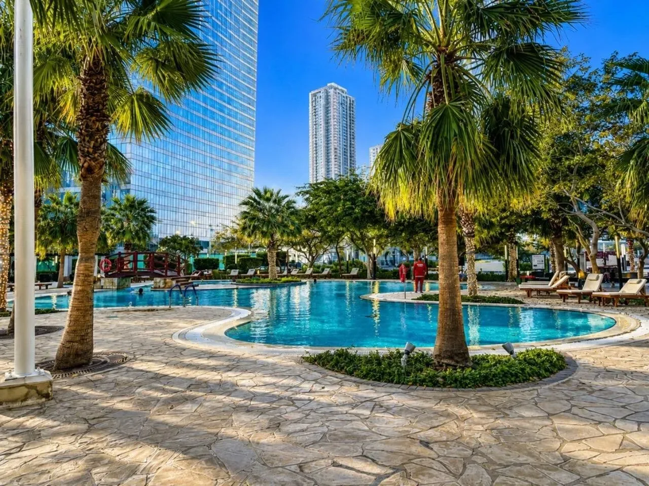Una piscina al aire libre está rodeada de palmeras y caminos pavimentados.