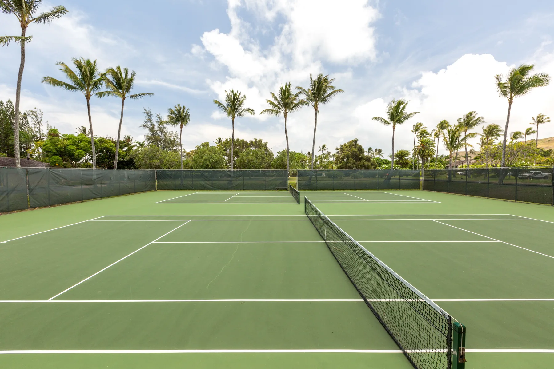 Una cancha de tenis al aire libre con una red y palmeras al otro lado de la cerca.