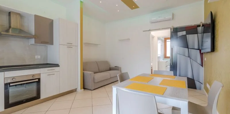 A compact kitchen and living area with a dining table and sofa.