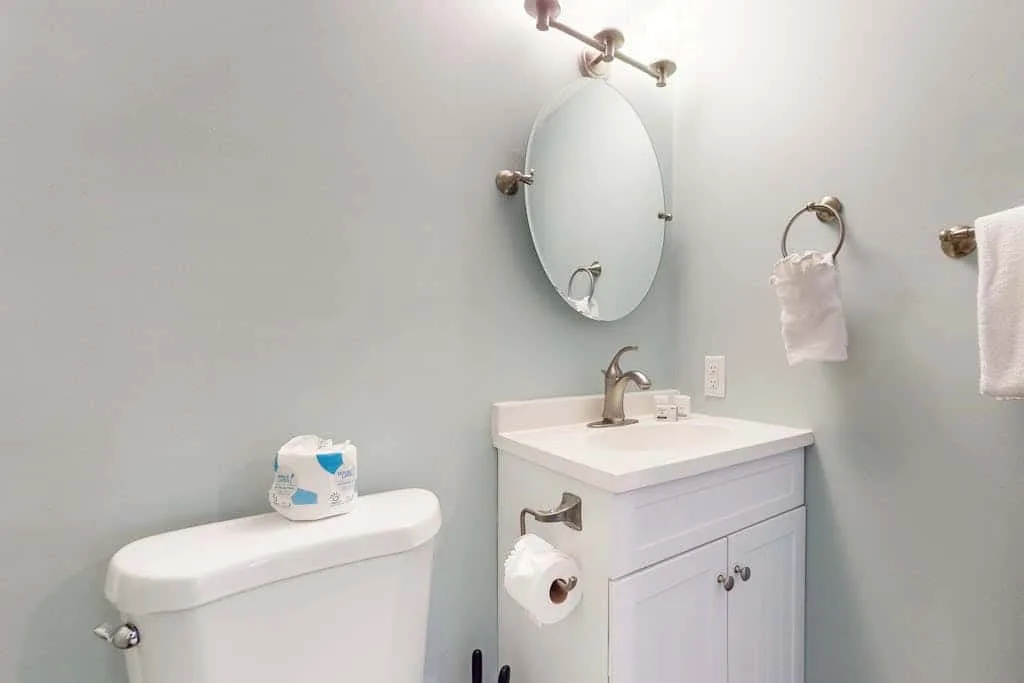 A bathroom with a toilet and a vanity beneath a wall mirror.
