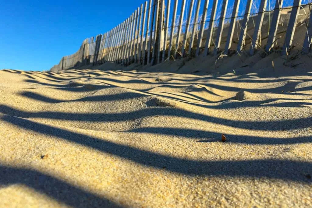 A sandy beach with long fence shadows stretching across the dunes.