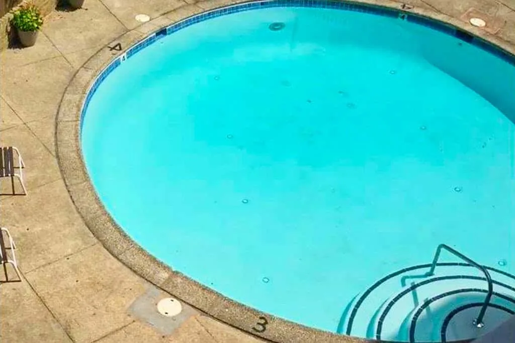 A curved swimming pool is surrounded by a paved deck.