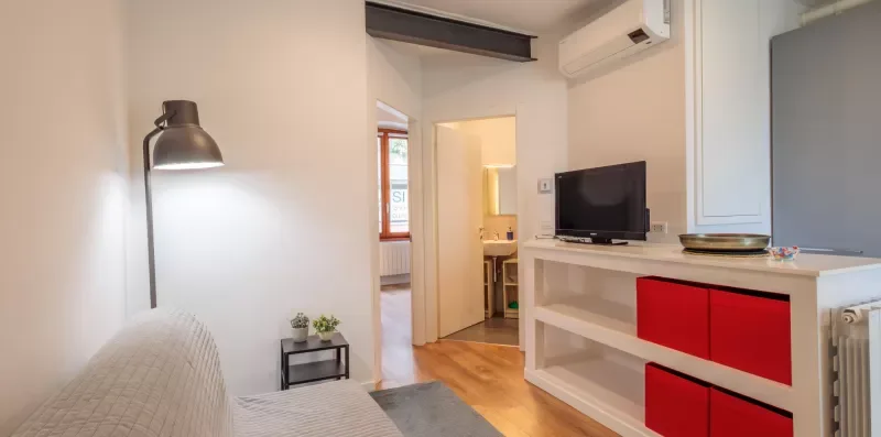 Una sala luminosa con televisor y estanterías empotradas.
