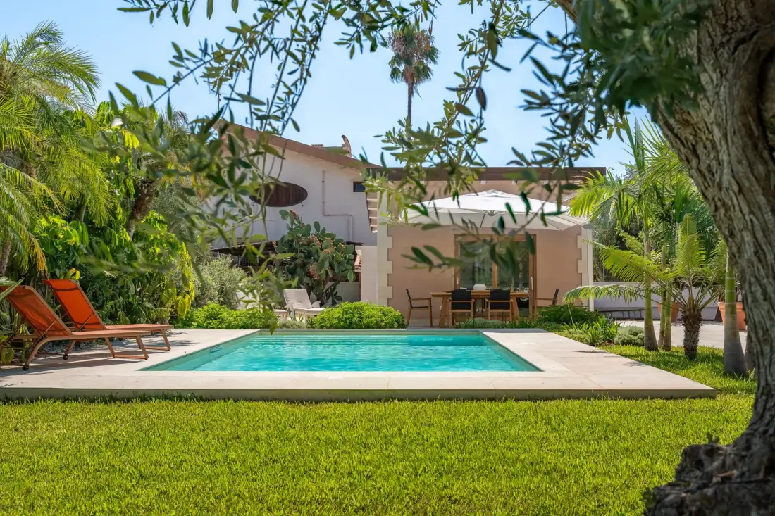 A swimming pool sits in a landscaped garden beside a modern house.