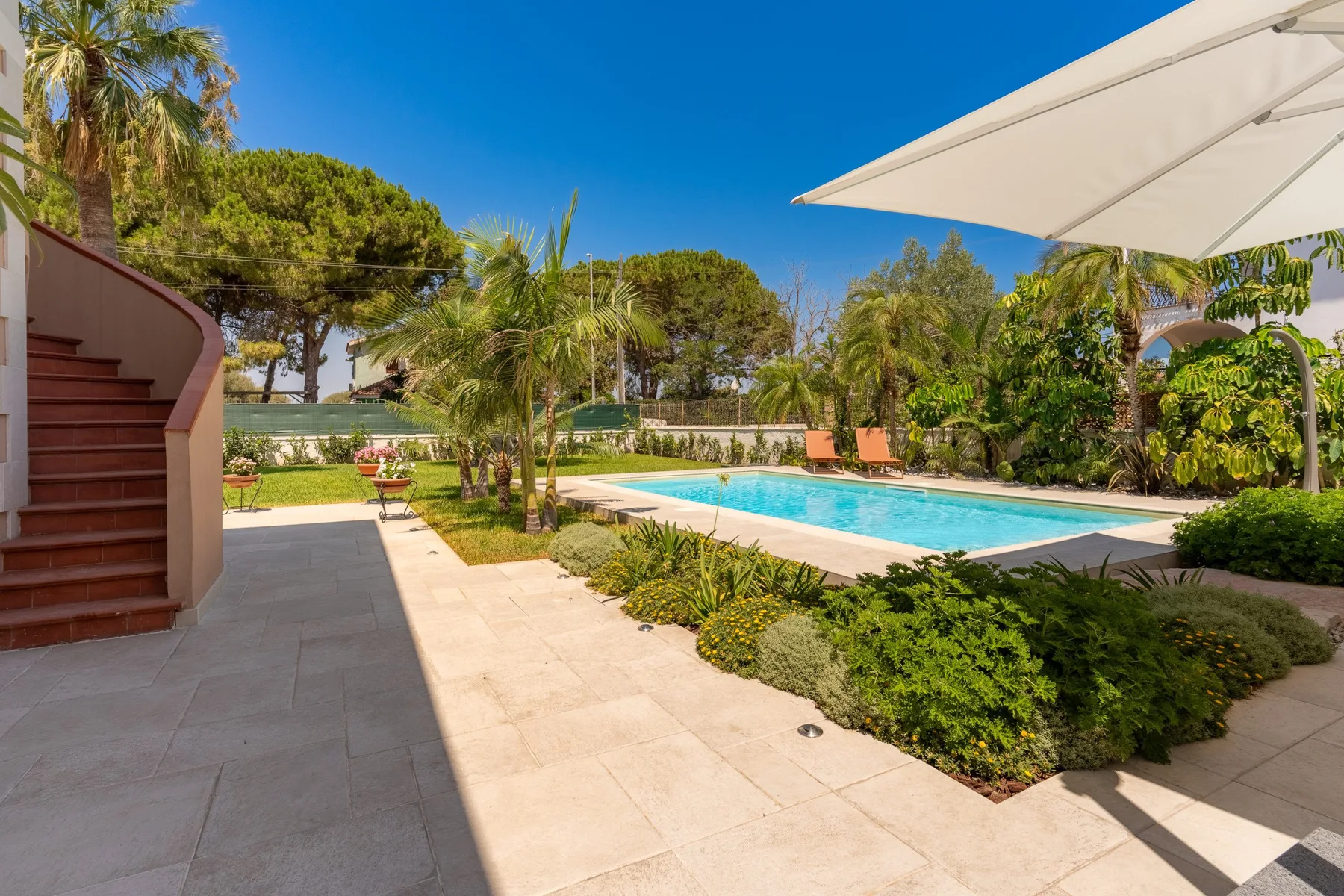 An outdoor swimming pool beside a paved patio, surrounded by palms and greenery.