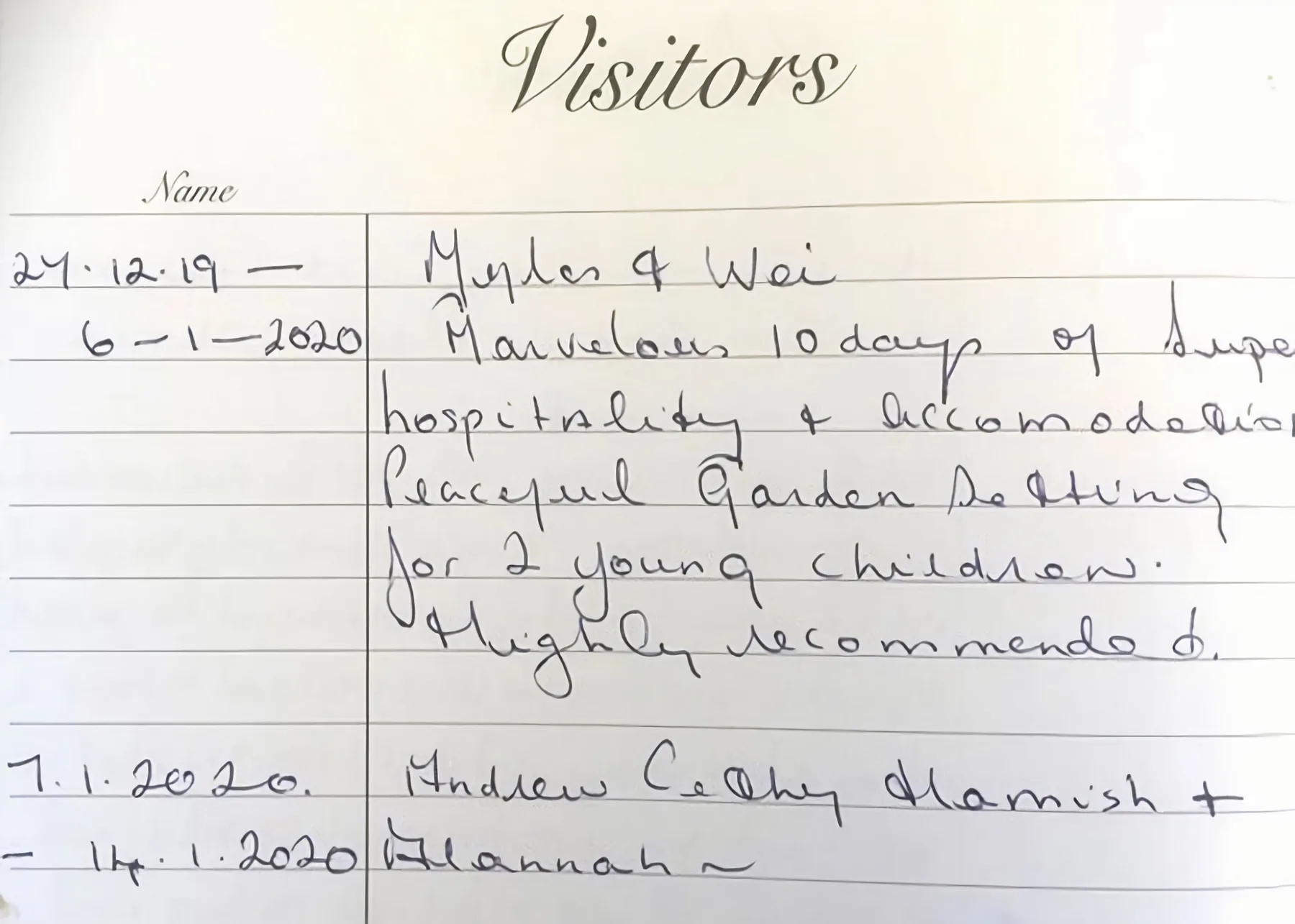 Una página manuscrita de un libro de visitas con nombres y comentarios.