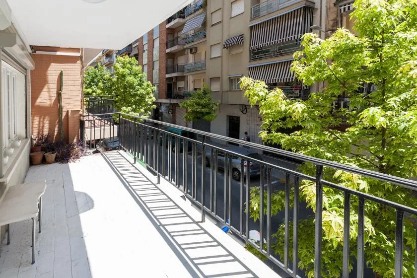 A sunlit balcony overlooks leafy trees and apartment buildings.