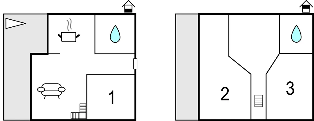 A pair of simple floor plans shows room layouts and bathroom fixtures.