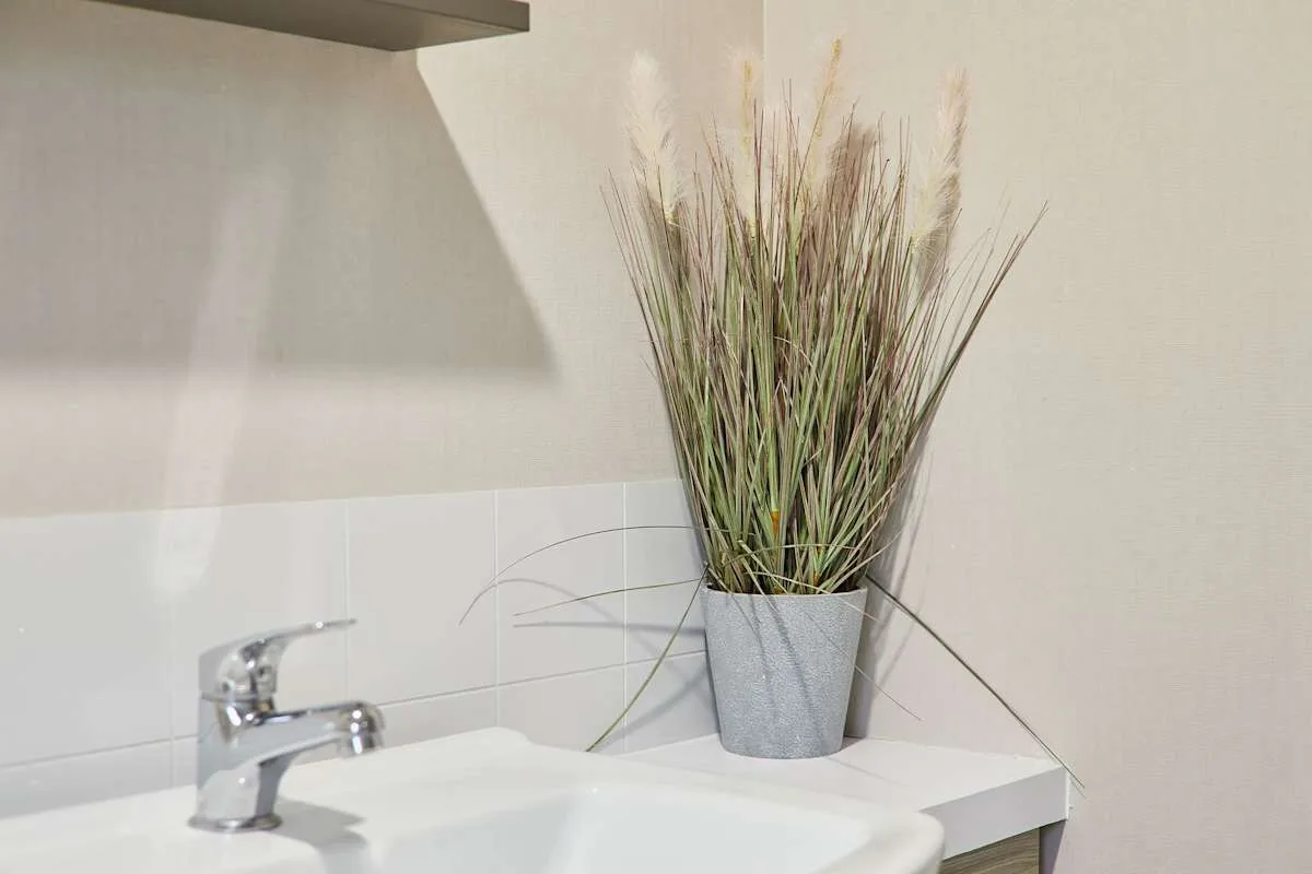 Lavabo de baño con un grifo plateado y una planta decorativa alta.