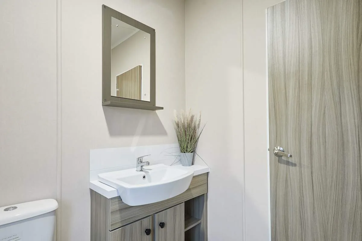 Un lavabo de baño con espejo y una puerta con acabado veteado.