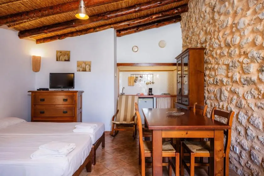 A rustic bedroom and dining area with a television, wooden table, and stone wall.