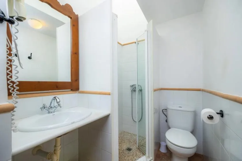 A bathroom with a sink, mirror, toilet, and shower.