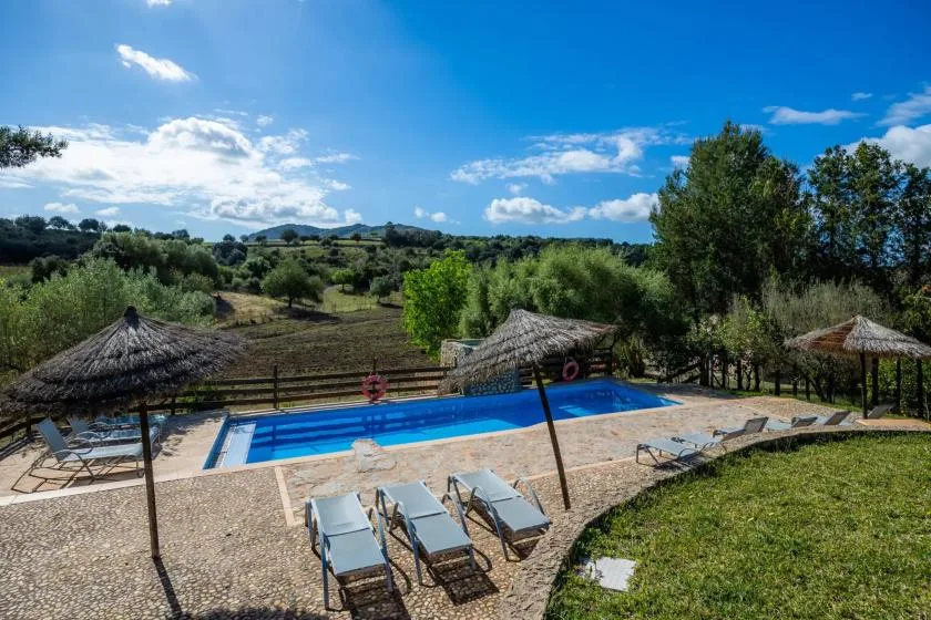 An outdoor swimming pool sits beside a paved terrace with lounge chairs and thatched parasols.