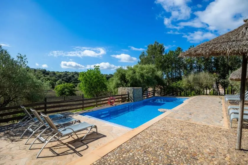 An outdoor swimming pool sits beside a stone-paved patio with lounge seating.
