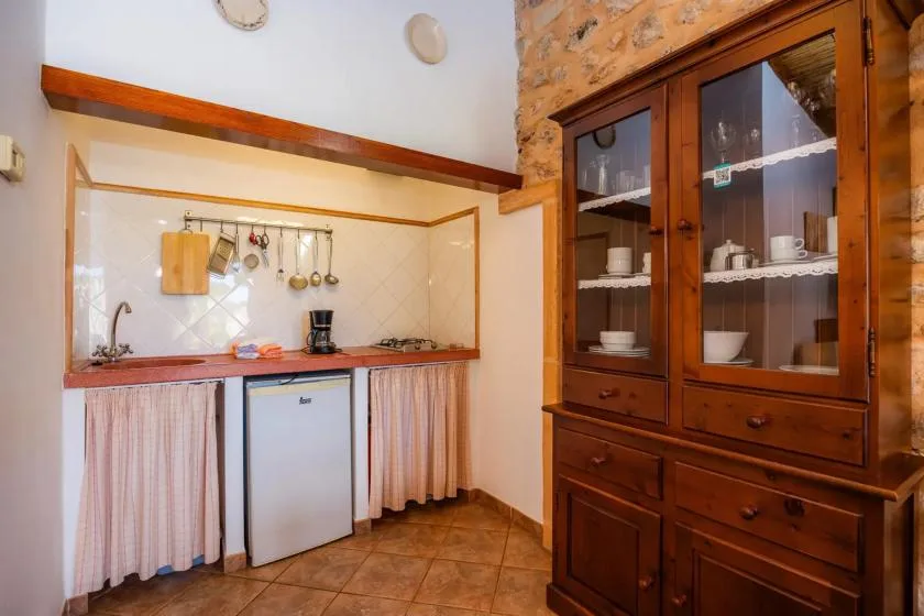 A compact kitchen area with a counter, small sink, and wooden dish cabinet.