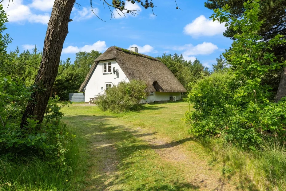 A thatched-roof house stands amid greenery beside a grassy path.