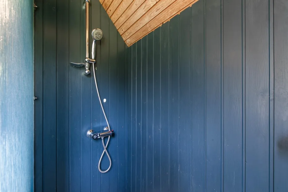 A shower with a handheld showerhead and dark paneled walls.