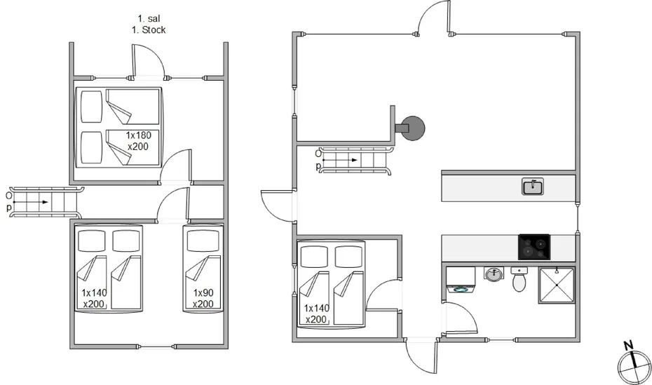 Un plano muestra varias habitaciones, camas y una zona de cocina.