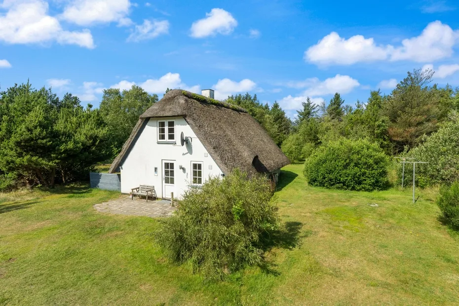 A thatched cottage stands in a grassy clearing surrounded by trees.