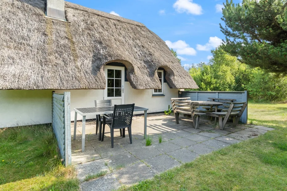 An outdoor patio beside a thatched cottage, with tables and seating.