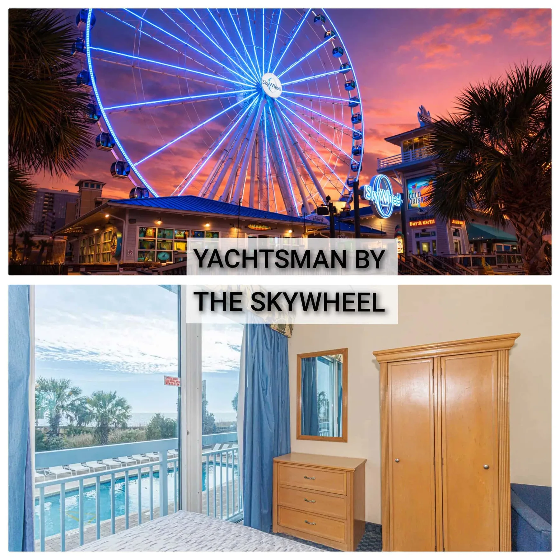 A brightly lit Ferris wheel rises above a waterfront entertainment area at sunset.