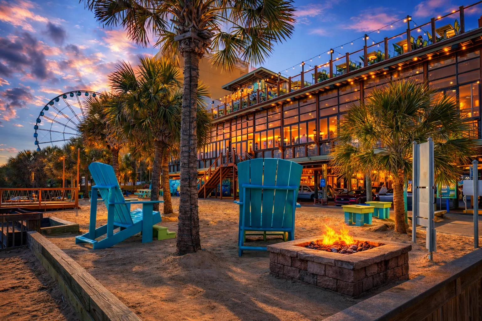 A palm-lined outdoor patio features colorful seating and a glowing fire pit at dusk.