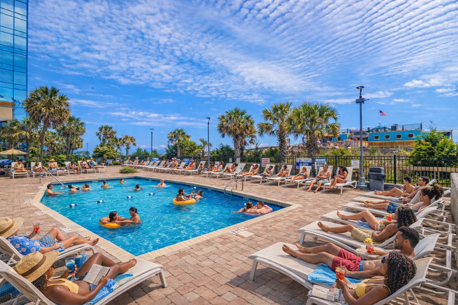 An outdoor swimming pool is surrounded by lounge chairs and palm trees.
