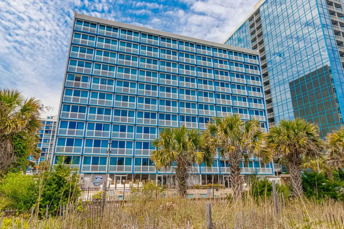 A glass-fronted high-rise building stands behind palm trees and coastal grasses.