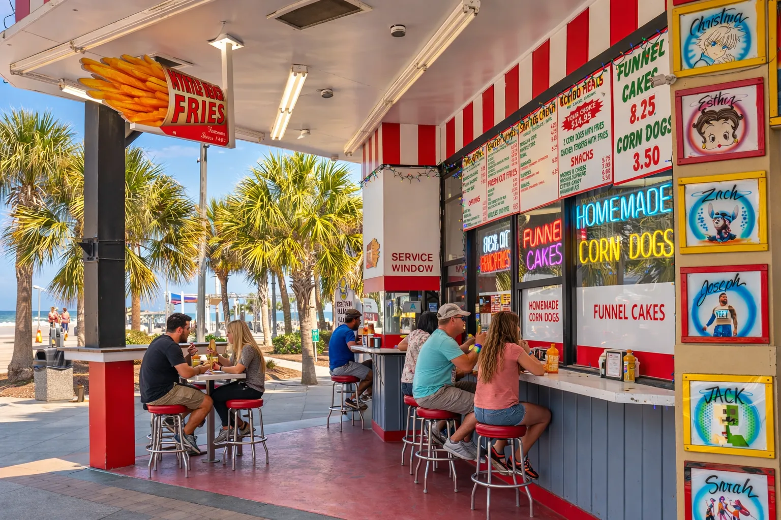 A colorful snack stand with menu boards and counter seating beneath a striped awning.