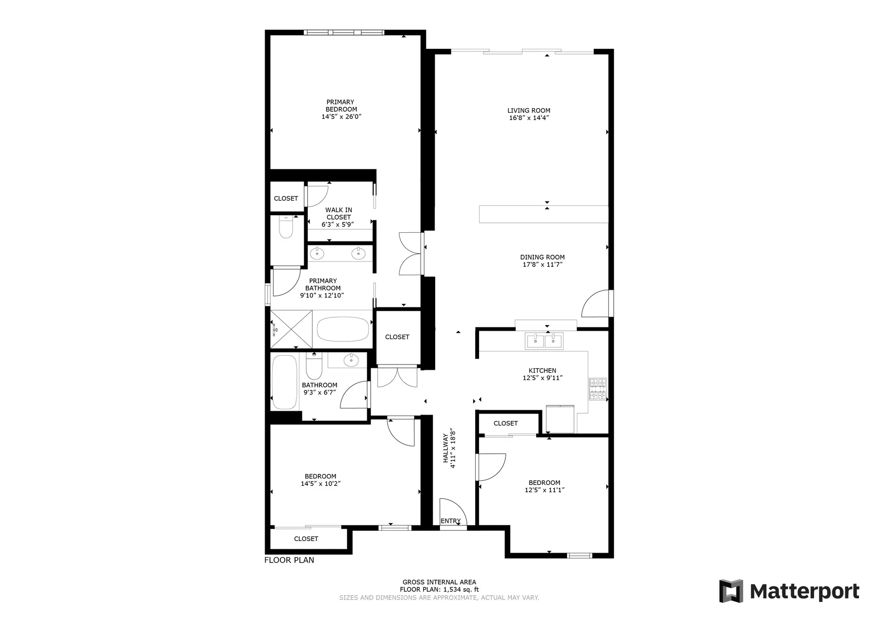 Floor plan showing bedrooms, bathrooms, a kitchen, and a living area.