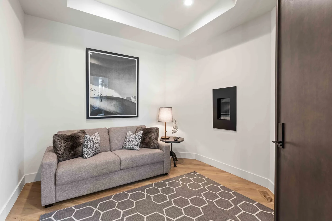 A living room with a gray sofa, wall art, and a patterned rug.