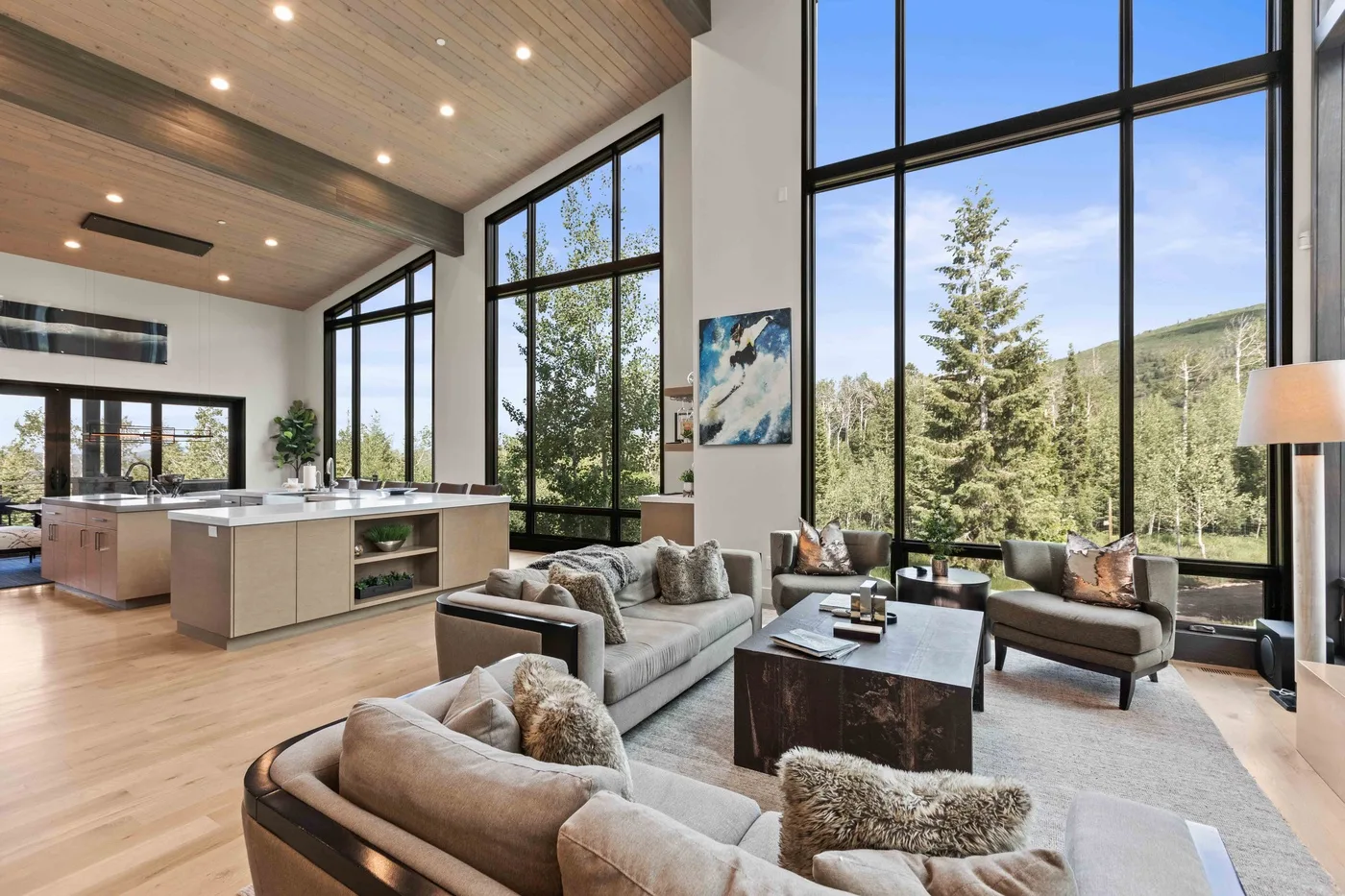 A bright open-plan living area and kitchen overlook a wooded landscape through large windows.