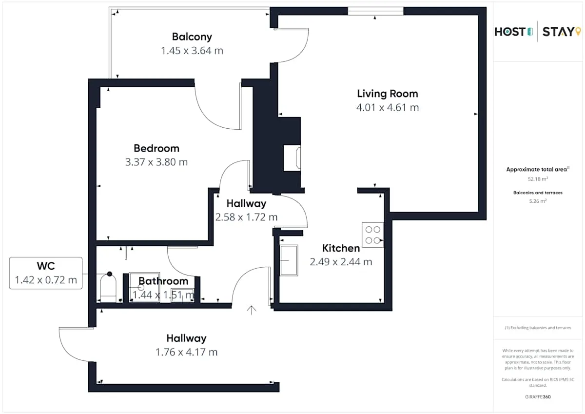 Floor plan showing a bedroom, living room, kitchen, bathroom, and balcony.