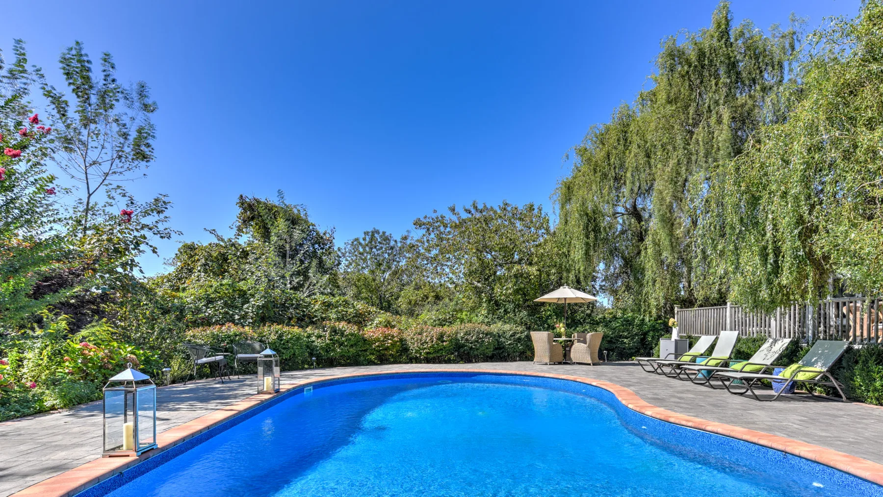 A blue swimming pool is surrounded by trees and lounge seating.