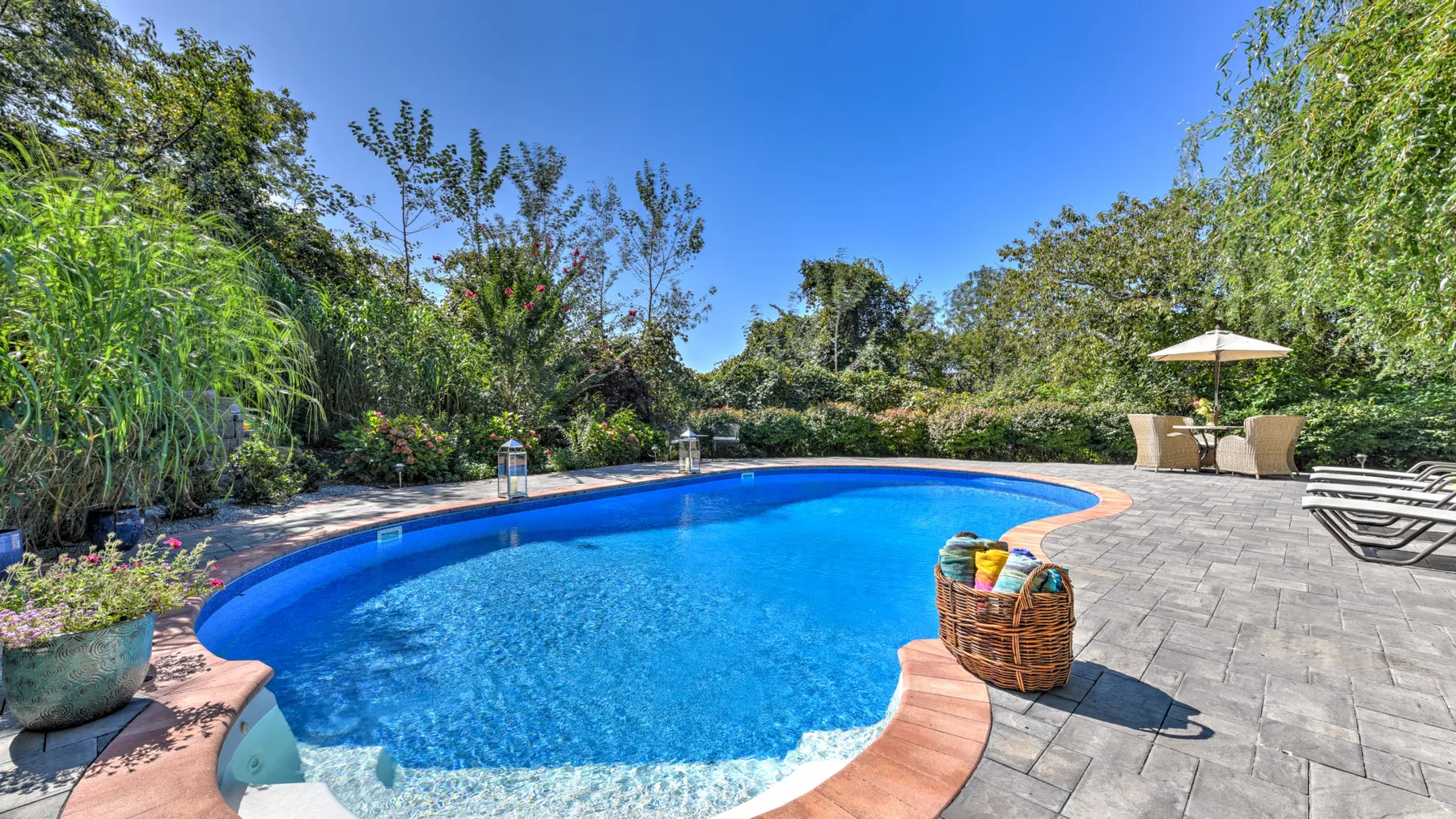 A curved outdoor swimming pool is surrounded by greenery and a paved patio.