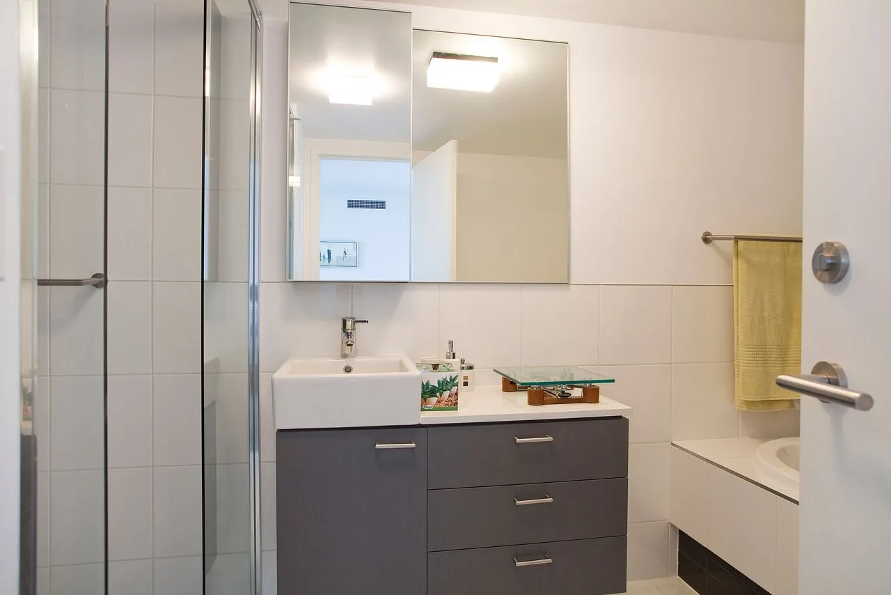 Un baño con lavabo, espejo y ducha de vidrio.