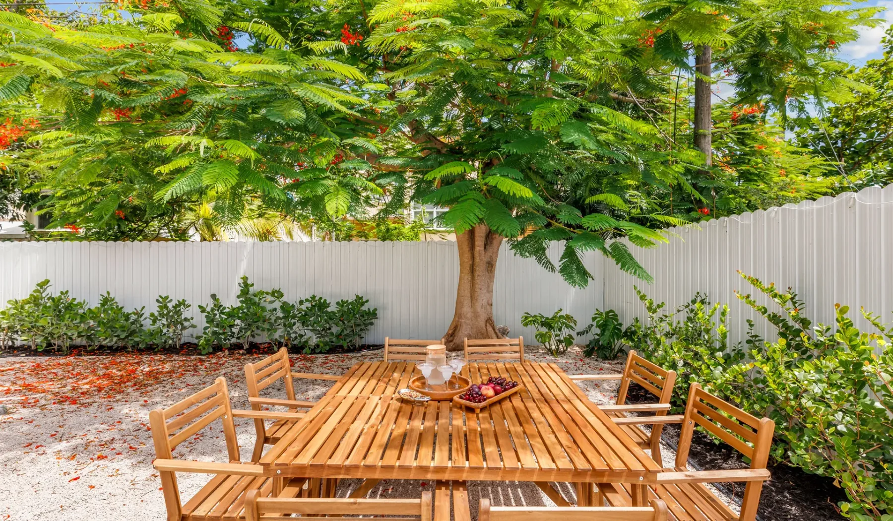 Comedor al aire libre con asientos de madera bajo un árbol frondoso.