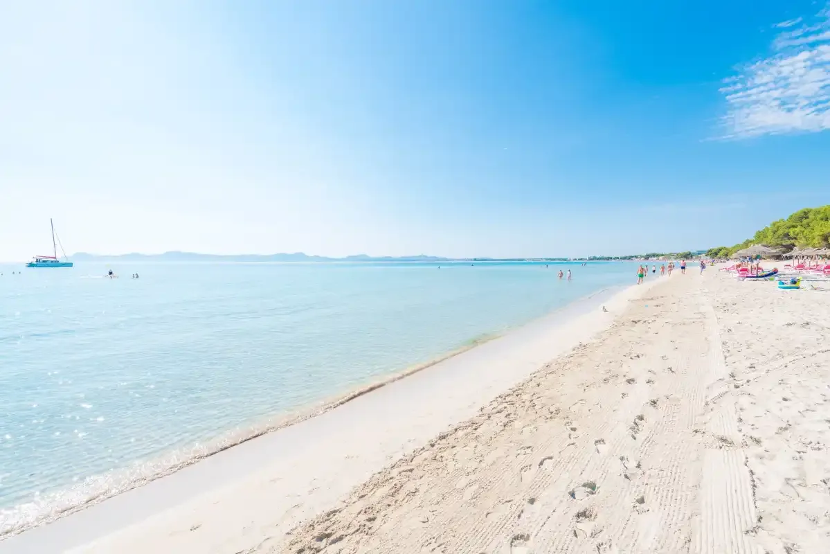 Una playa de arena se extiende junto a aguas tranquilas y poco profundas bajo un cielo azul despejado.