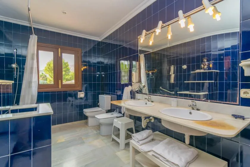 Un baño con una encimera larga con lavabo, un espejo grande y paredes de azulejos azul oscuro.