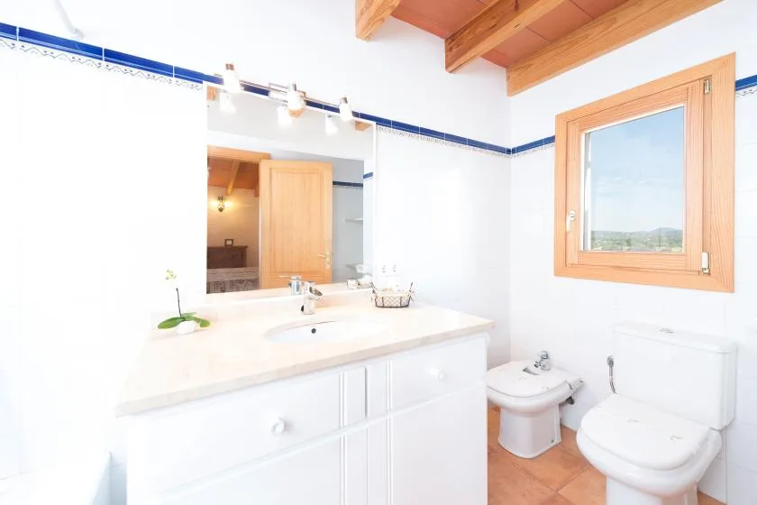 A bright bathroom with a wide vanity, sink, toilet, and wood-framed window.