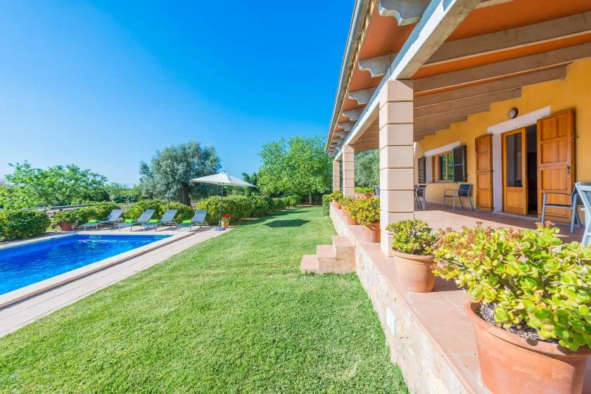 A garden patio beside a swimming pool, with seating under a covered veranda.