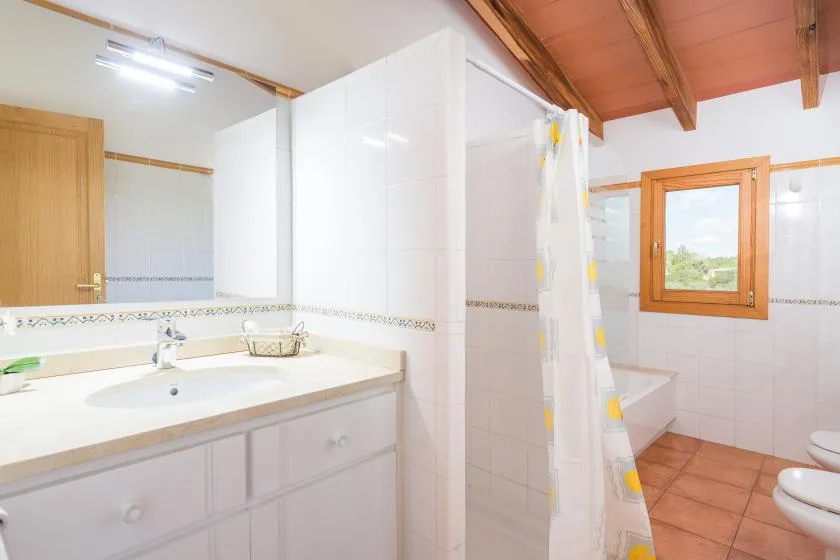 A tiled bathroom has a long sink counter, a shower curtain, and a window.