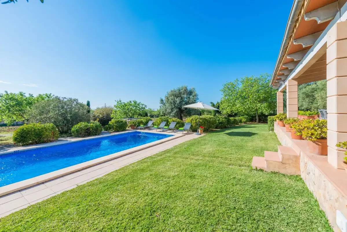 A garden surrounds a swimming pool beside a house.