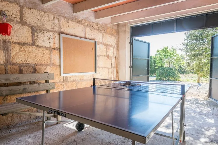 A ping-pong table sits in a bright stone-walled room with open doors.