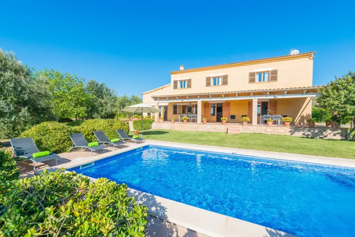 A house and swimming pool are set in a sunny garden.