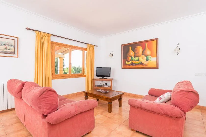 A living room with coral-colored seating, a wooden coffee table, and a television.