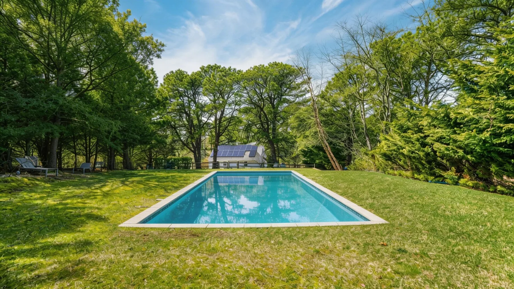 An outdoor swimming pool sits in a grassy clearing surrounded by trees.