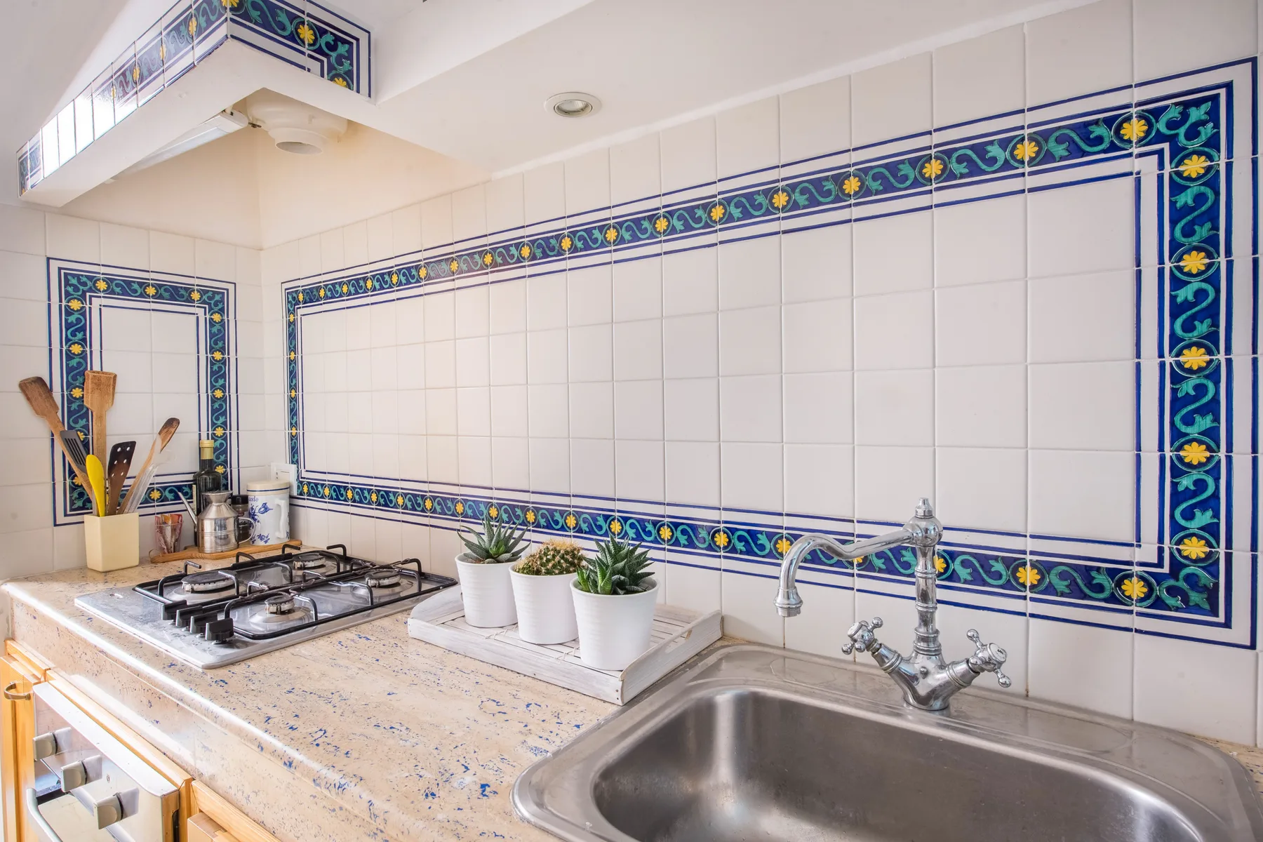 Una encimera de cocina con azulejos, estufa, fregadero y plantas en macetas.