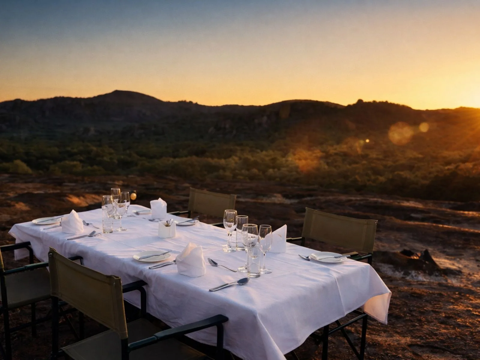 A table set on the granite at dusk